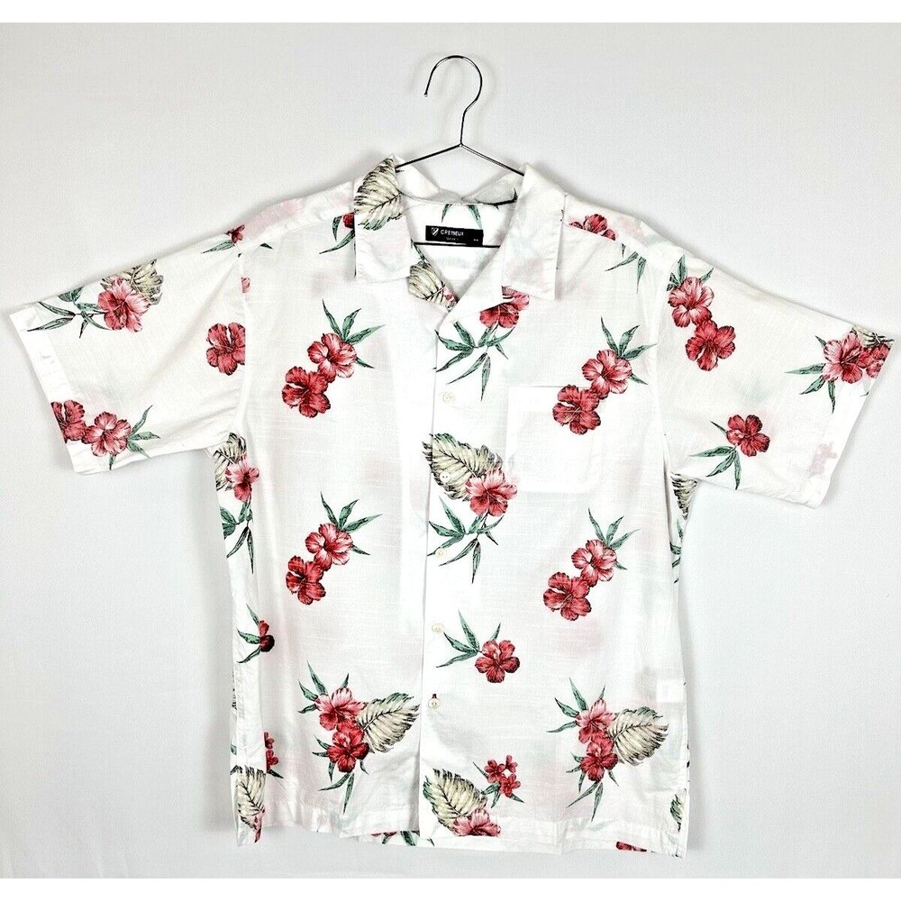 Hawaiian Hibiscus White Cotton Short Sleeve Button Down Men's L Vacation Cruise